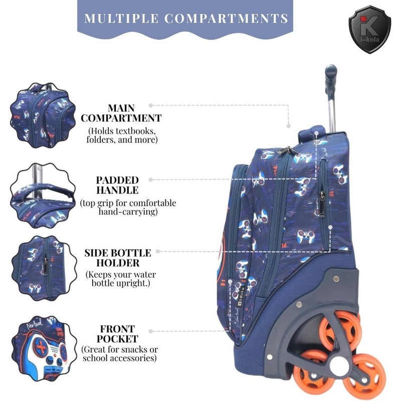 IKOLA Blue- Games 3-in-1 Climbing Wheel School Trolley Bag Set for Boys and Girls 18" Rolling Bag with Telescopic Handle, Big L-Shape Wheels, Comfortable and Travel-Friendly E645-18BW3 - Image 2