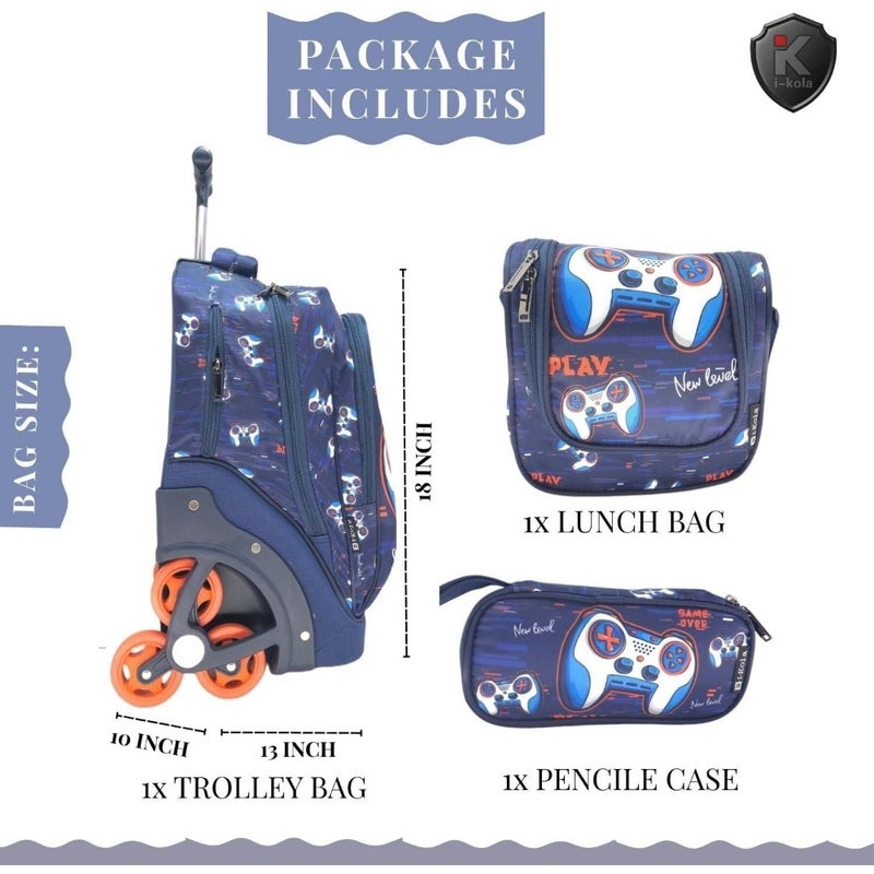 IKOLA Blue- Games 3-in-1 Climbing Wheel School Trolley Bag Set for Boys and Girls 18" Rolling Bag with Telescopic Handle, Big L-Shape Wheels, Comfortable and Travel-Friendly E645-18BW3 - Image 4