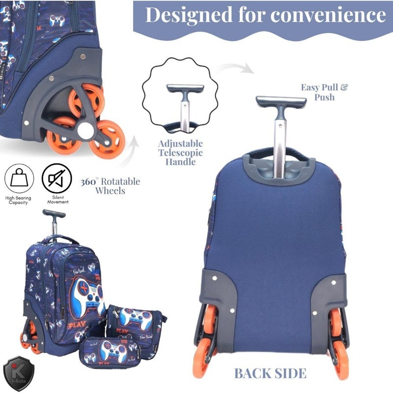 IKOLA Blue- Games 3-in-1 Climbing Wheel School Trolley Bag Set for Boys and Girls 18" Rolling Bag with Telescopic Handle, Big L-Shape Wheels, Comfortable and Travel-Friendly E645-18BW3 - Image 3