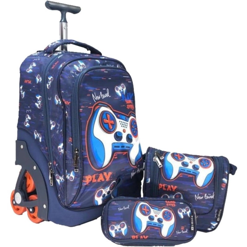 IKOLA Blue- Games 3-in-1 Climbing Wheel School Trolley Bag Set for Boys and Girls 18" Rolling Bag with Telescopic Handle, Big L-Shape Wheels, Comfortable and Travel-Friendly E645-18BW3 - Image 1