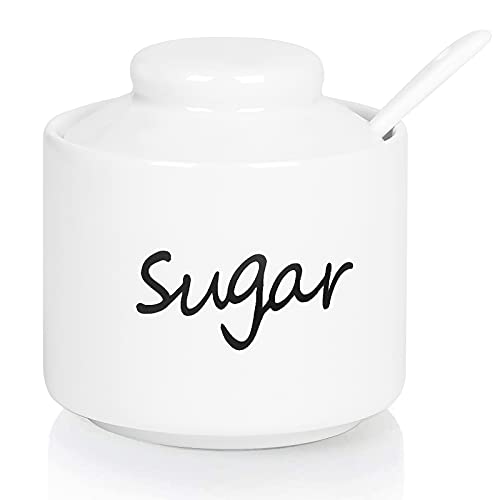 ONTUBE Ceramic Small Sugar Bowl with Lid and Spoon,Porcelain Sugar Pot,8oz (White) - Image 1