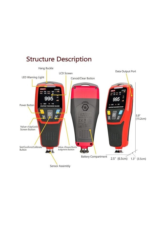 UNI-T Coating Thickness Gauge UT343D, RockyMars Professional Digital Paint Thickness Gauge Paint Depth Meter for Used Car, Resolution 0.01mils, F/NF, with Visual Go-NoGo Indicator and Auto Rotatable Display - Image 2