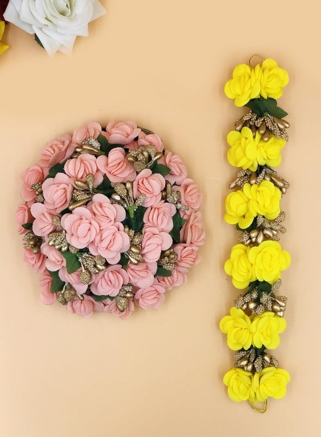 AROOMAN Full Pink Juda Bun Hair Flower Gajra and Yellow gajra Combo for Wedding and Party - Image 3