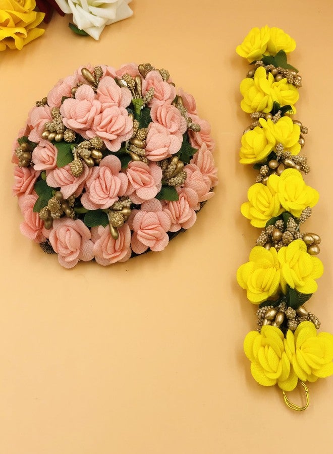 AROOMAN Full Pink Juda Bun Hair Flower Gajra and Yellow gajra Combo for Wedding and Party - Image 4