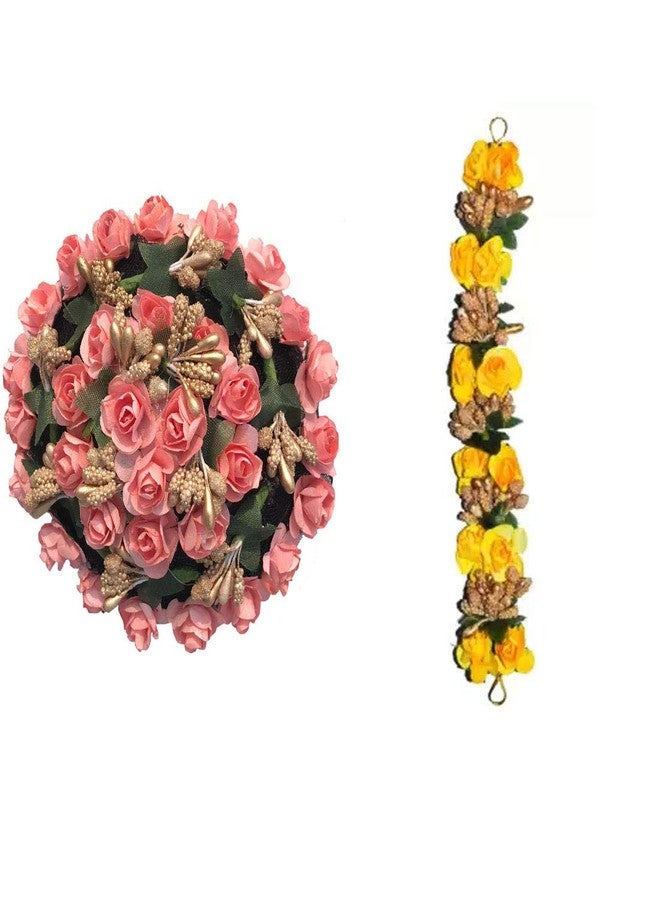 AROOMAN Full Pink Juda Bun Hair Flower Gajra and Yellow gajra Combo for Wedding and Party - Image 2