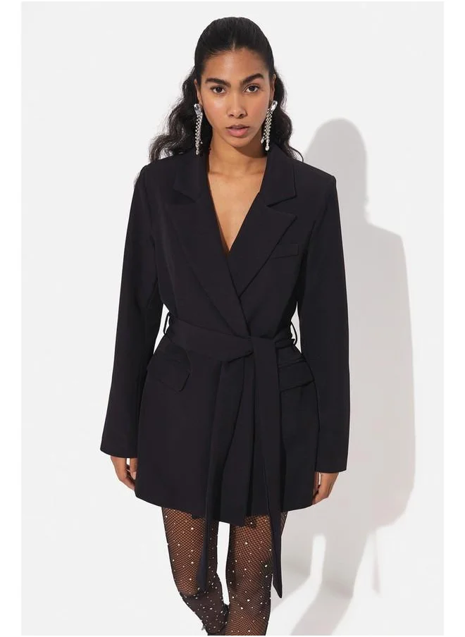 JUNE June Tie Detailed Blazer Jacket Black