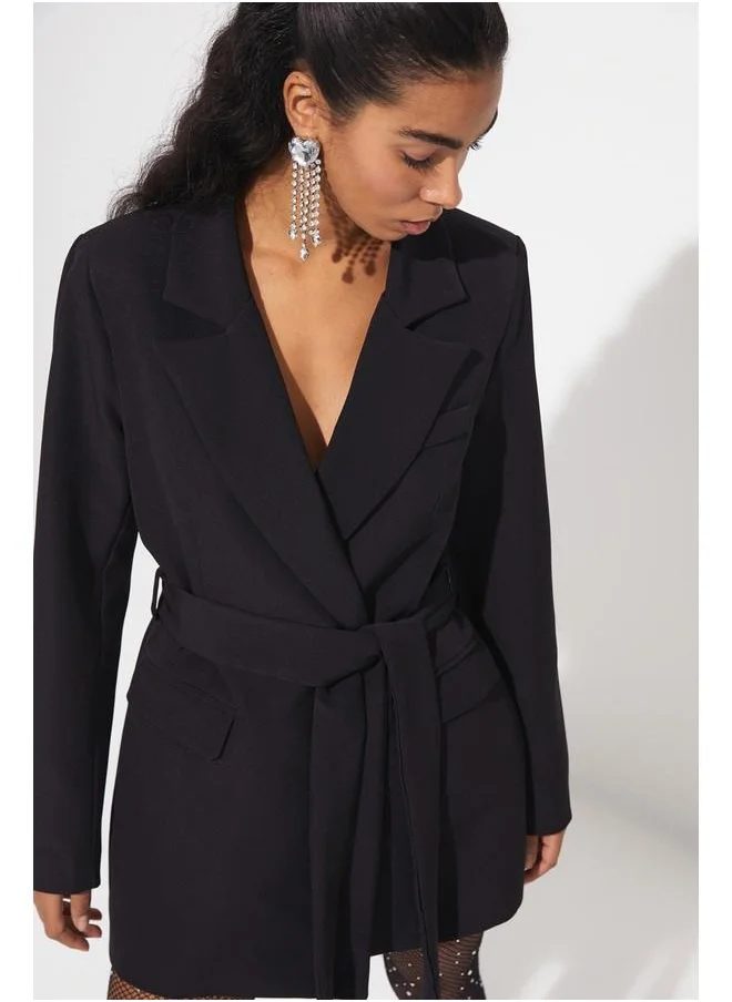 JUNE June Tie Detailed Blazer Jacket Black