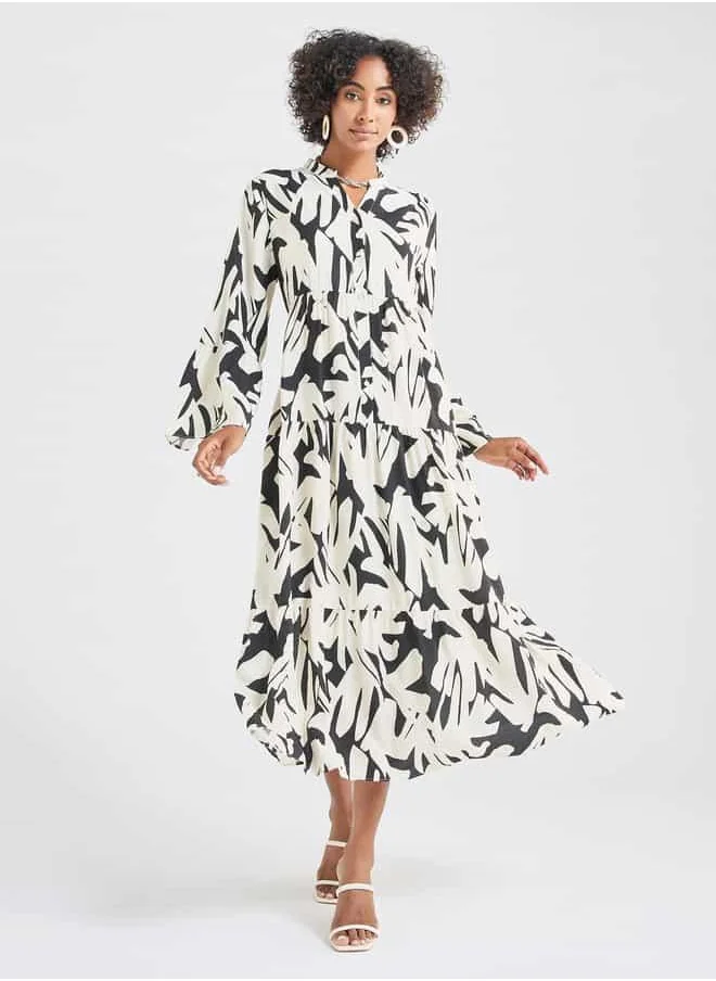 FAV Abstract Print Midi Dress with Mandarin Collar and Long Sleeves