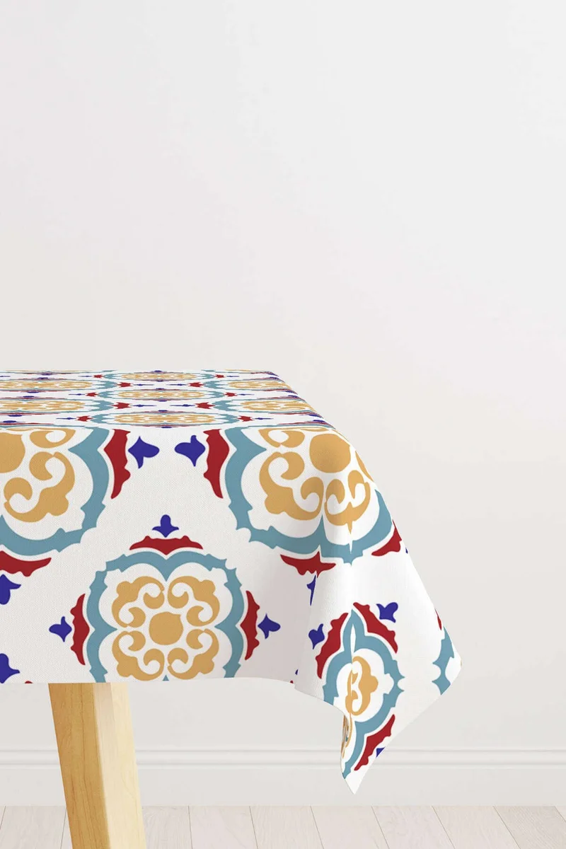 كانغو هوم White Blue Modern Ethnic Tile Patterned Digital Printed Tablecloth CGH570-MS