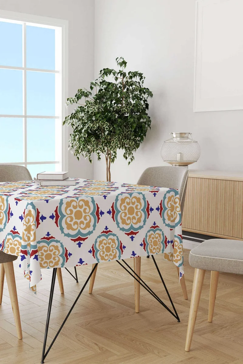 كانغو هوم White Blue Modern Ethnic Tile Patterned Digital Printed Tablecloth CGH570-MS