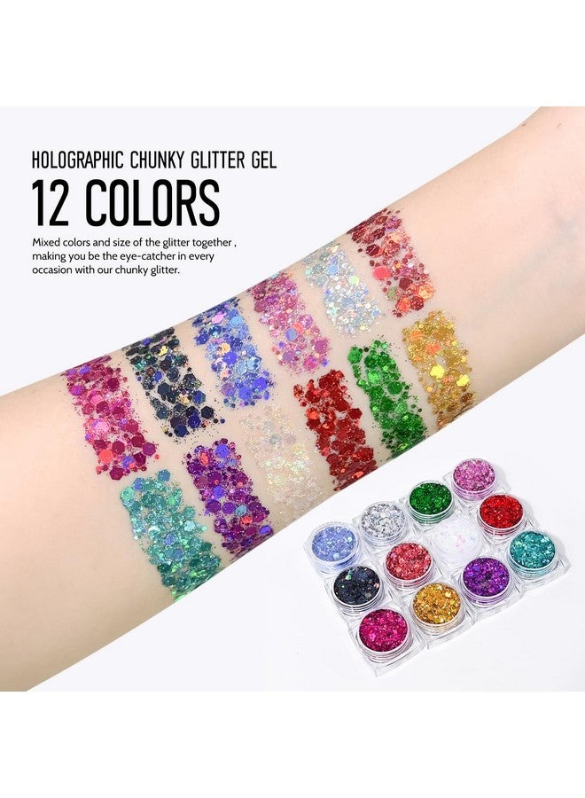 Ownest 12 Colors Holographic Chunky Glitter Gel Set, Christmas Party Makeup Face Body Eye Lips Hair Nail Cosmetic Festival Chunky Glitter Eyeshadow, Mixable, No Need Glue(B) - Image 4