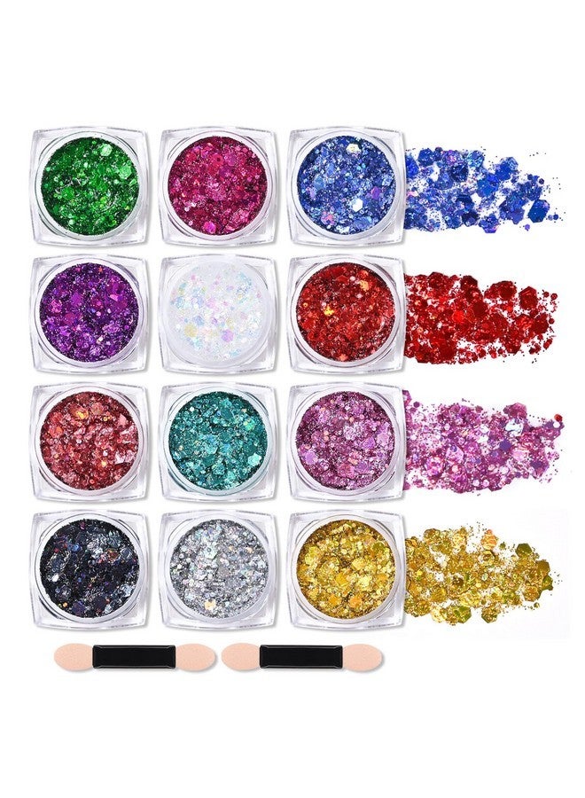Ownest 12 Colors Holographic Chunky Glitter Gel Set, Christmas Party Makeup Face Body Eye Lips Hair Nail Cosmetic Festival Chunky Glitter Eyeshadow, Mixable, No Need Glue(B) - Image 1