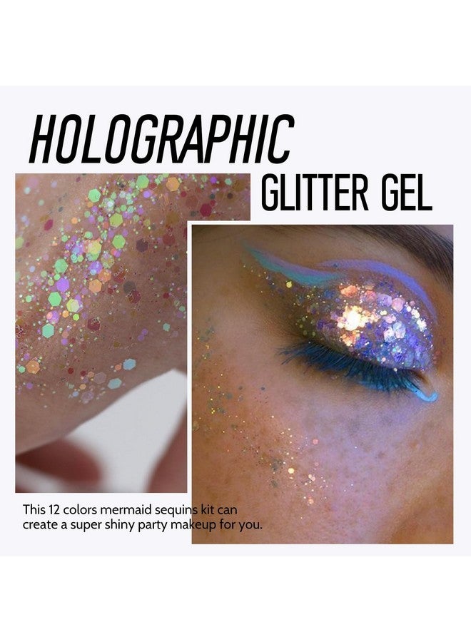 Ownest 12 Colors Holographic Chunky Glitter Gel Set, Christmas Party Makeup Face Body Eye Lips Hair Nail Cosmetic Festival Chunky Glitter Eyeshadow, Mixable, No Need Glue(B) - Image 5