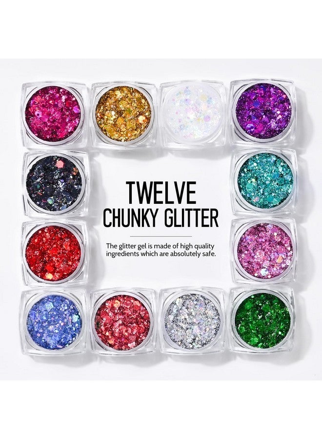 Ownest 12 Colors Holographic Chunky Glitter Gel Set, Christmas Party Makeup Face Body Eye Lips Hair Nail Cosmetic Festival Chunky Glitter Eyeshadow, Mixable, No Need Glue(B) - Image 2