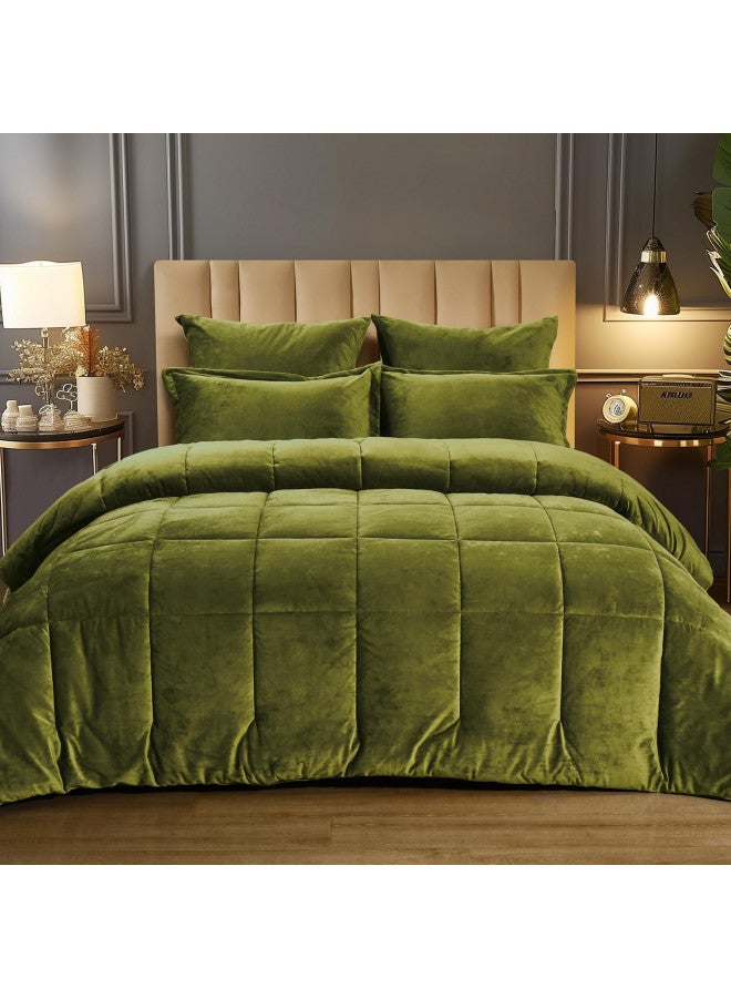 PHF PHF Velvet Comforter Set Queen Size, 5 Piece Soft Luxury Textured Bedding Comforter Sets, Fluffy Breathable Bed In A Bag Including 1 Comforter, 2 Pillow Shams, 2 Euro Shams for Home Decor, Olive Green  - Image 1