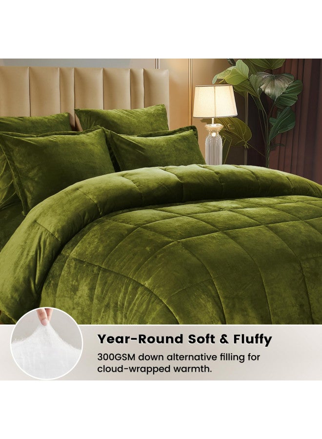 PHF PHF Velvet Comforter Set Queen Size, 5 Piece Soft Luxury Textured Bedding Comforter Sets, Fluffy Breathable Bed In A Bag Including 1 Comforter, 2 Pillow Shams, 2 Euro Shams for Home Decor, Olive Green  - Image 2