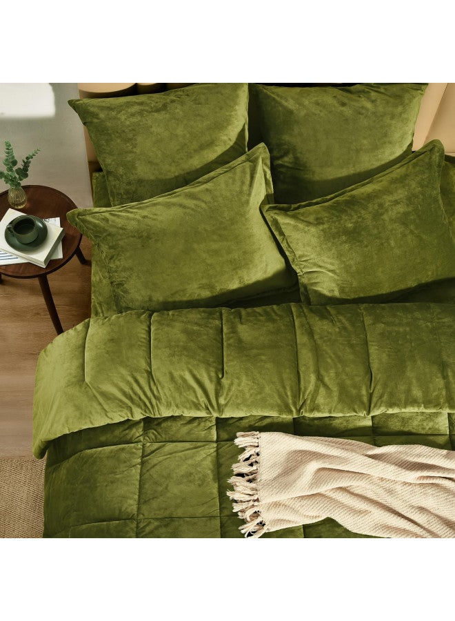 PHF PHF Velvet Comforter Set Queen Size, 5 Piece Soft Luxury Textured Bedding Comforter Sets, Fluffy Breathable Bed In A Bag Including 1 Comforter, 2 Pillow Shams, 2 Euro Shams for Home Decor, Olive Green  - Image 4
