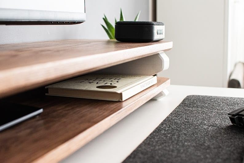 carpentray Walnut Wood Walnut Desk Shelf - Monitor Stand- Stylish Monitor Stand & Lighty Brown Top Pure White Legs, 12.7 x 80 x 20 Cm - Image 4