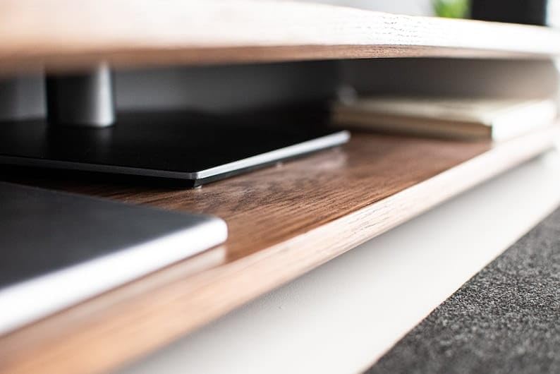 carpentray Walnut Wood Walnut Desk Shelf - Monitor Stand- Stylish Monitor Stand & Lighty Brown Top Pure White Legs, 12.7 x 80 x 20 Cm - Image 3