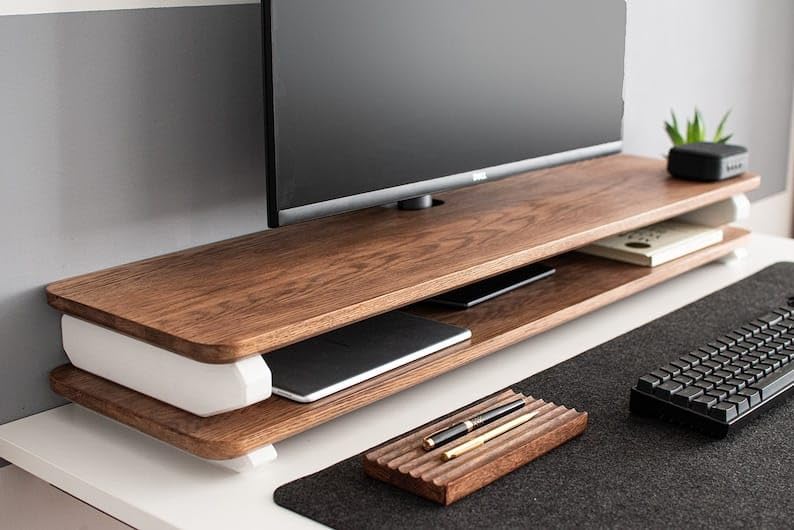carpentray Walnut Wood Walnut Desk Shelf - Monitor Stand- Stylish Monitor Stand & Lighty Brown Top Pure White Legs, 12.7 x 80 x 20 Cm - Image 1
