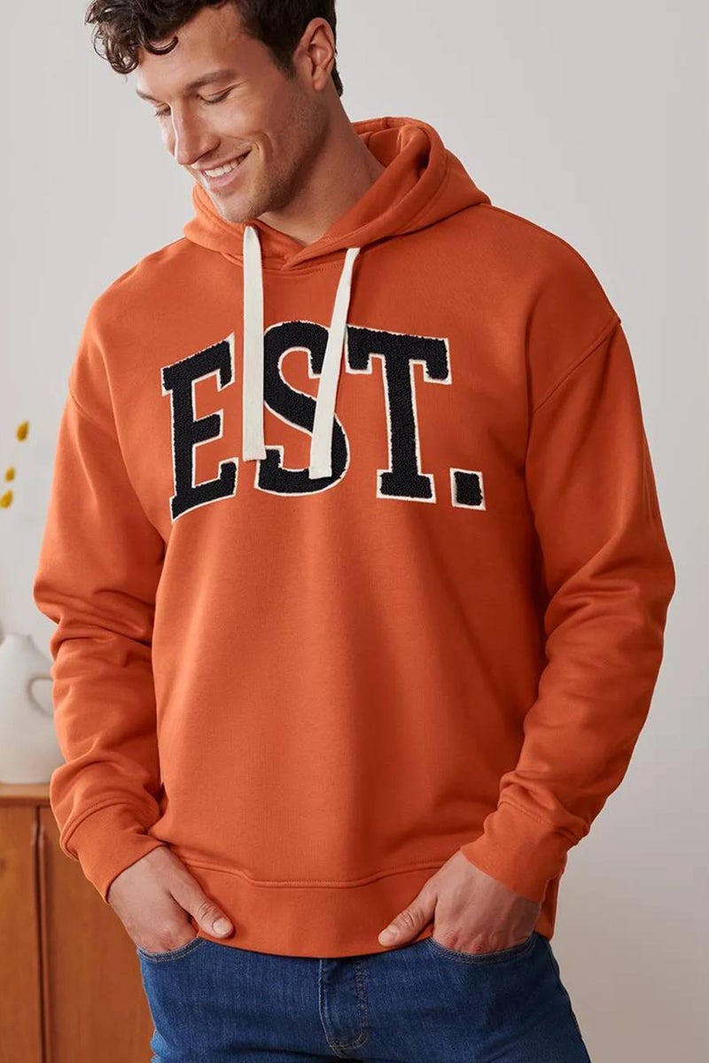 Tchibo Men Drawstring Plain Long Sleeve Sweatshirt, Orange - Image 1