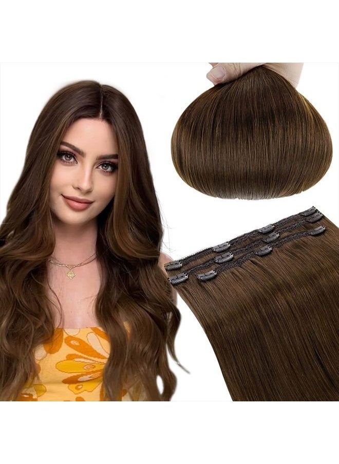 RUNATURE Brown Clip in Extensions Real Human Hair Color Brown Remy Clip in Hair Extensions for Women Silky Straight Clip in Real Hair Extensions Double Weft 14 Inches 50g 3 Pieces  - Image 1