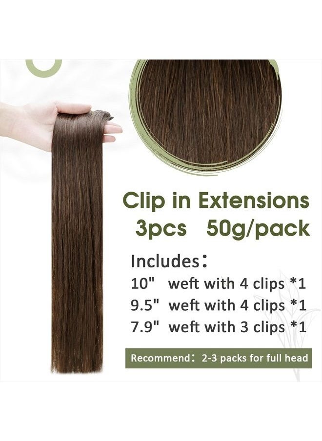 RUNATURE Brown Clip in Extensions Real Human Hair Color Brown Remy Clip in Hair Extensions for Women Silky Straight Clip in Real Hair Extensions Double Weft 14 Inches 50g 3 Pieces  - Image 3