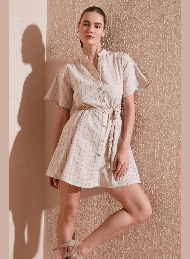 ليلا فستان قصير قطني مخطط بقصة عادية للنساء