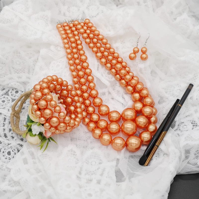 WEWE Imitation Pearl Necklace for Women Large Chunky Pearl Necklaces Multilayer Pearl Necklace and Earring 1920s Costume Jewelry set - Image 4