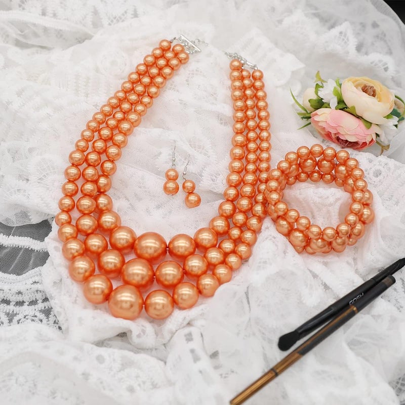 WEWE Imitation Pearl Necklace for Women Large Chunky Pearl Necklaces Multilayer Pearl Necklace and Earring 1920s Costume Jewelry set - Image 2