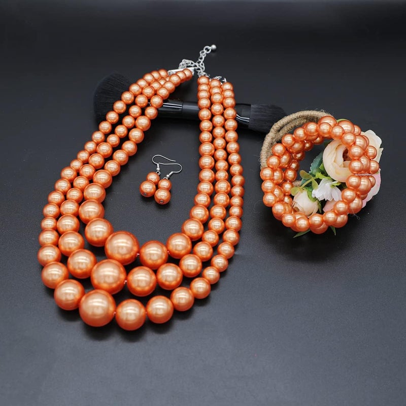 WEWE Imitation Pearl Necklace for Women Large Chunky Pearl Necklaces Multilayer Pearl Necklace and Earring 1920s Costume Jewelry set - Image 5
