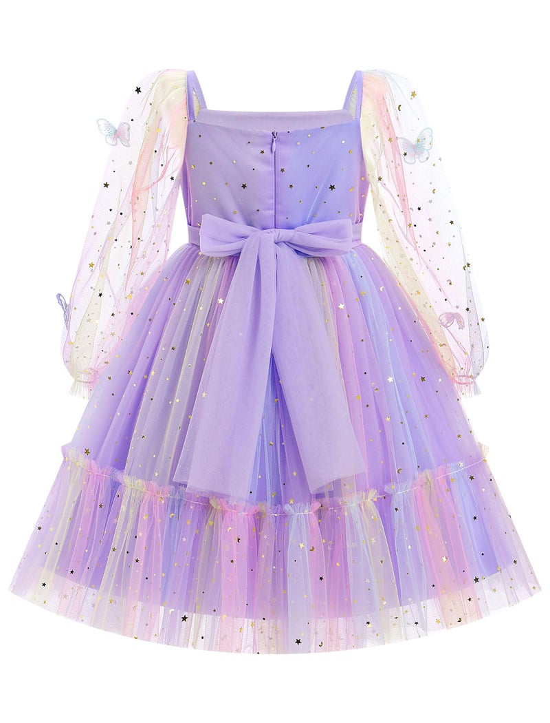 ODOLDI Kids Girls Birthday Party Long Sleeve Star Glitters Tulle Tutu Dress 3D Butterfly Star Sequins Ruffle Dress - Image 2
