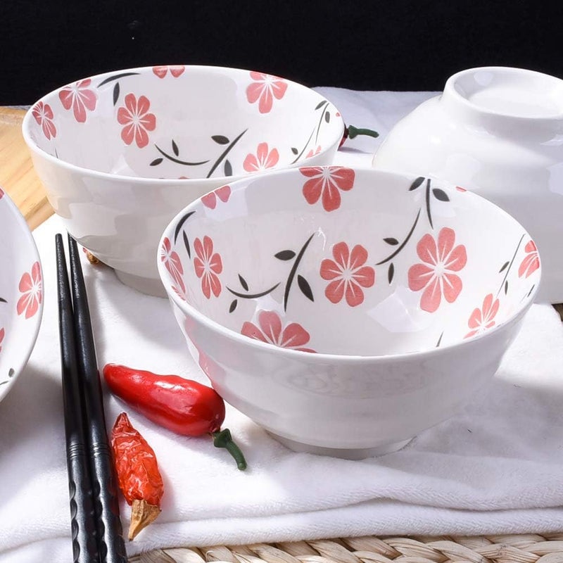 Whitenesser طقم أطباق سوشي وأرز سيراميك ياباني 4 قطع بتصميم زهور الكرز البيضاء آمنة للاستخدام في الميكروويف وغسالة الصحون أدوات مائدة أنيقة للمنازل والمطاعم - Image 3