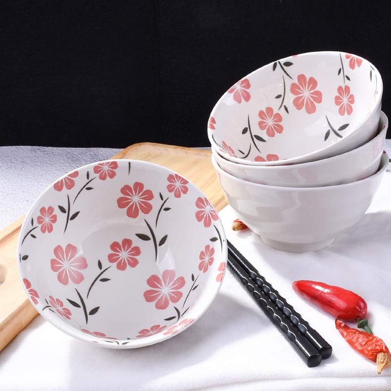 Whitenesser طقم أطباق سوشي وأرز سيراميك ياباني 4 قطع بتصميم زهور الكرز البيضاء آمنة للاستخدام في الميكروويف وغسالة الصحون أدوات مائدة أنيقة للمنازل والمطاعم - Image 4