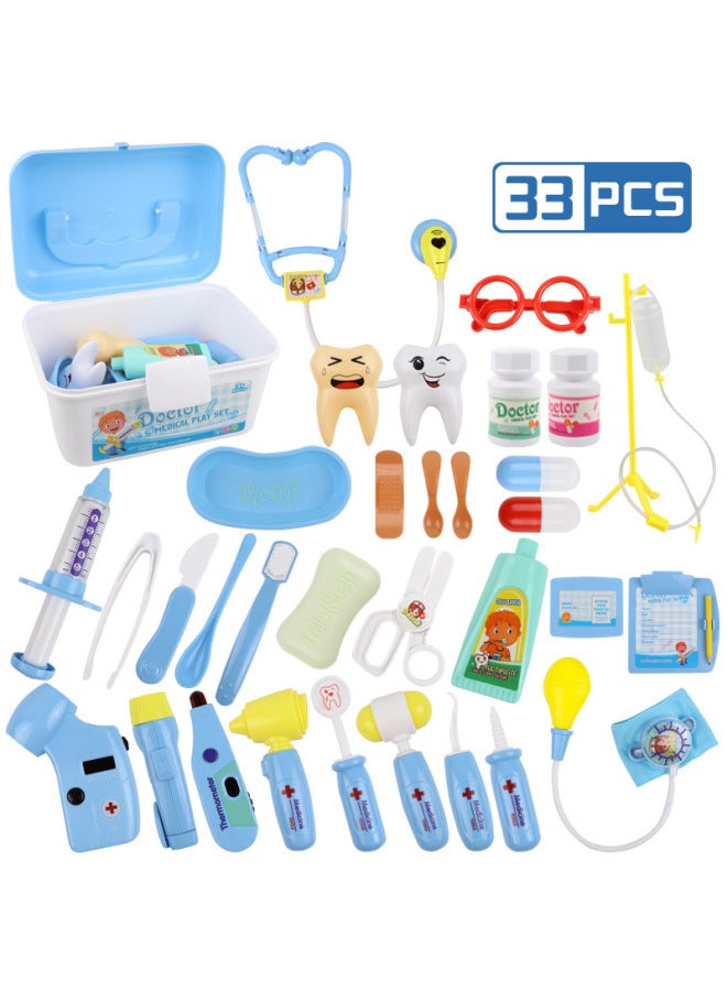 Lian Bo Children's Play Home Puzzle Simulation Medicine Box Doctor Toy Girl Nurse Toy Role Play-Color:Blue 33PCs Suit - Image 1