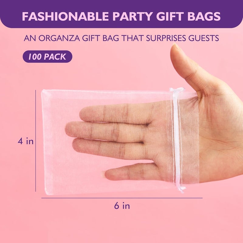 PACKINNO 100pcs White Organza Bags, 4x6 Inch Drawstring Gift Bags for Jewelry, Party, and Festivals - Image 2