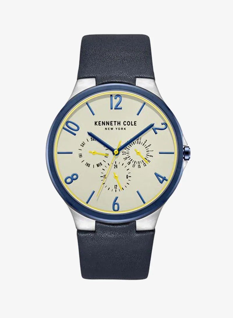 كينيث كول نيو يورك Modern Dress Sport Grey Dial Genuine Leather Strap Multifunction Watch for Men
