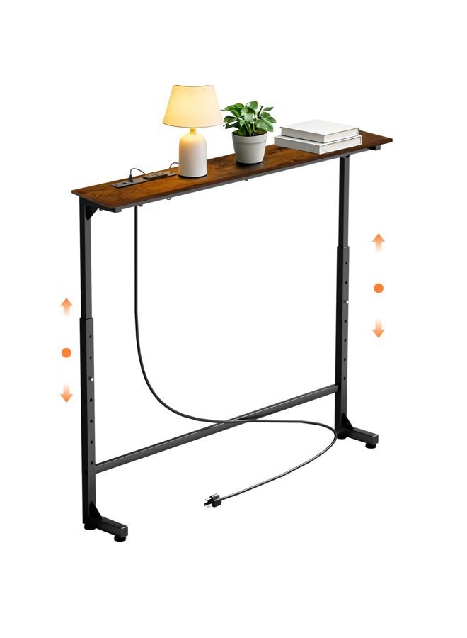 GRLEAF 35" Adjustable Height Narrow Console Table with Power Outlets, Long Sofa Table with Charging Station Behind Couch Table Skinny Entryway Table for Living Room, Hallway and Office – Rustic Brown - Image 1