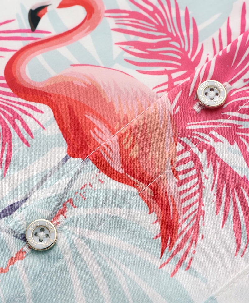 KYKU Men Button Hawaiian Shirt: Tropical Short Sleeve Clothes Flamingos Pink XL - Image 5