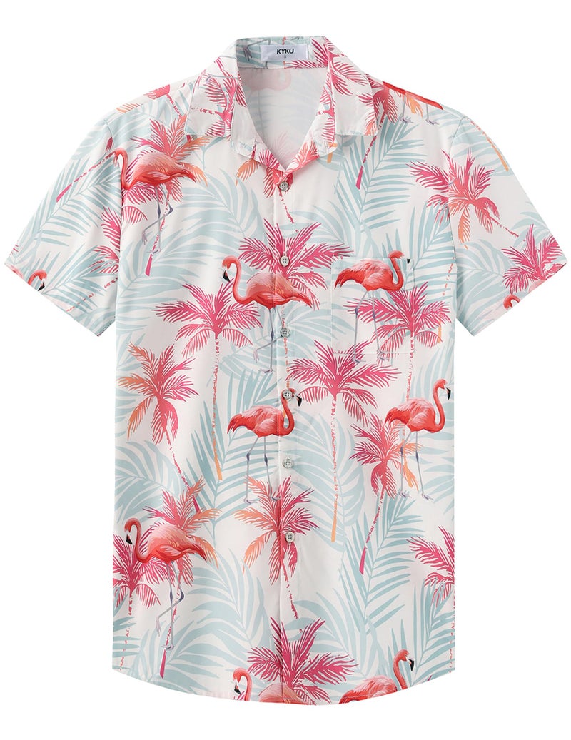 KYKU Men Button Hawaiian Shirt: Tropical Short Sleeve Clothes Flamingos Pink XL - Image 1