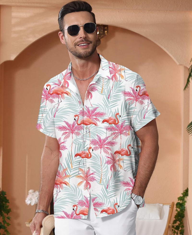KYKU Men Button Hawaiian Shirt: Tropical Short Sleeve Clothes Flamingos Pink XL - Image 2