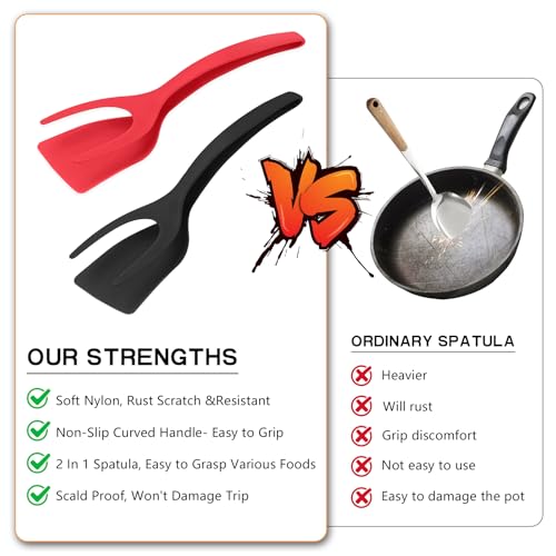 KJG Egg Flipper Spatula 2 PCS 2 in 1 Grip and Flip Spatula Tongs Spatulas for Kitchen use Eggflipper Spatulaflipper Eggturner Pancake Fish French Toast Omelet Making for Home Cooking Tool (black and red) - Image 2