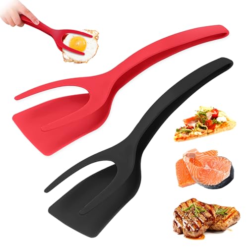 KJG Egg Flipper Spatula 2 PCS 2 in 1 Grip and Flip Spatula Tongs Spatulas for Kitchen use Eggflipper Spatulaflipper Eggturner Pancake Fish French Toast Omelet Making for Home Cooking Tool (black and red) - Image 1