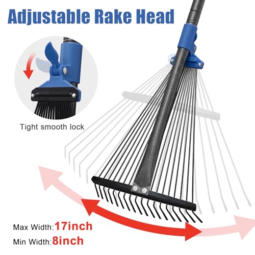 JAOTREL Adjustable Metal Leaf Rake Long Handle, 72 inch Garden Rakes for Lawns Heavy Duty Leaves with Expandable Head 8-17", Yard Women Kids Rake for Gardening RV Camping - Image 2