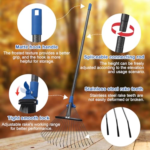 JAOTREL Adjustable Metal Leaf Rake Long Handle, 72 inch Garden Rakes for Lawns Heavy Duty Leaves with Expandable Head 8-17", Yard Women Kids Rake for Gardening RV Camping - Image 4