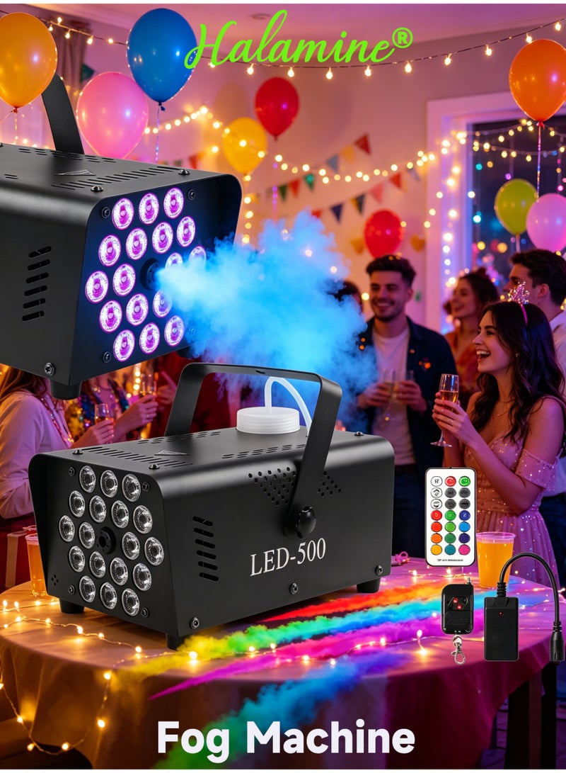 Halamine Fog Machine with Light 18 LED Machine Outdoor for Parties Wedding, 13 Colors Machine Fog Indoor with 2 Wireless Remote Controls, 500W 2000CFM Outdoor Fog Machine, Suitable for Parties, Wedding, and DJ Stage, Indoor - Image 1
