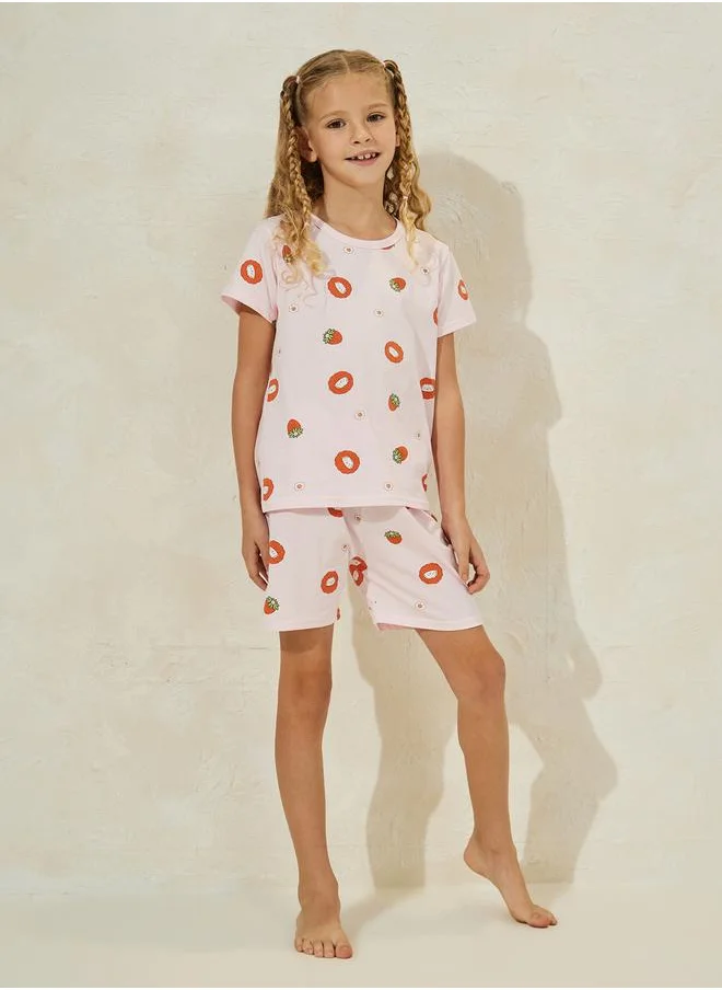 ستايلي Strawberry Print Cotton T-Shirt & Shorts Set