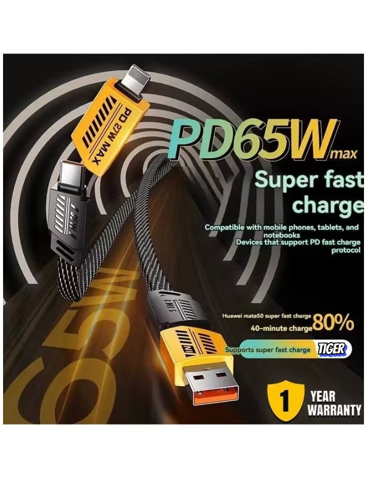 TIGER - 4-in-1 Multi Charging Cable, 120CM [65W] Fast Charging - iPhone 16/15/14/13 Pro Max, Airpods, iWatch, iPad, MacBook, Samsung S24/S23/S22 & Google (2M) - Image 1