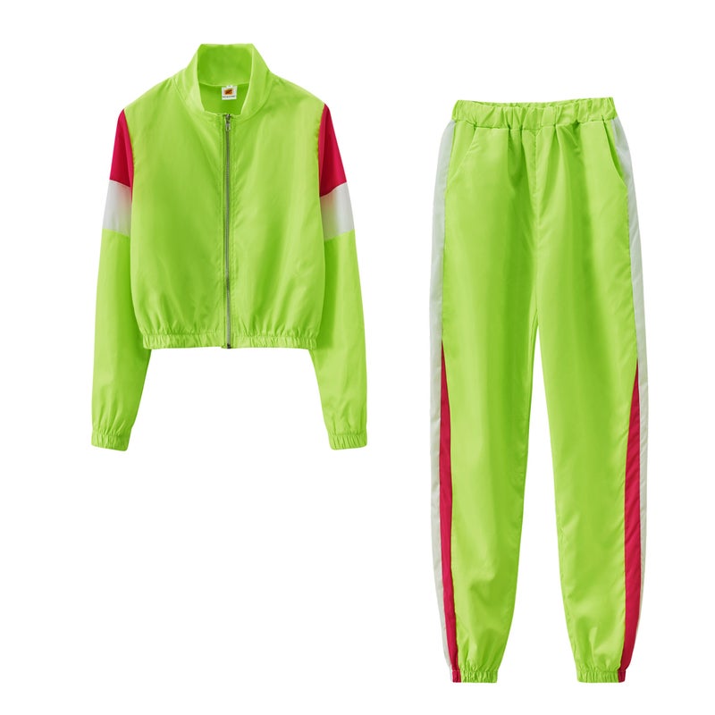9625#2021 Explosions Independent Station Best Selling European and American Womens Contrast Casual Suit Splicing Sports Two-Piece Suit Big Red - Image 3