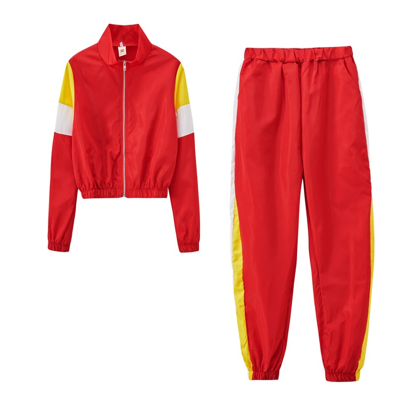 9625#2021 Explosions Independent Station Best Selling European and American Womens Contrast Casual Suit Splicing Sports Two-Piece Suit Big Red - Image 1